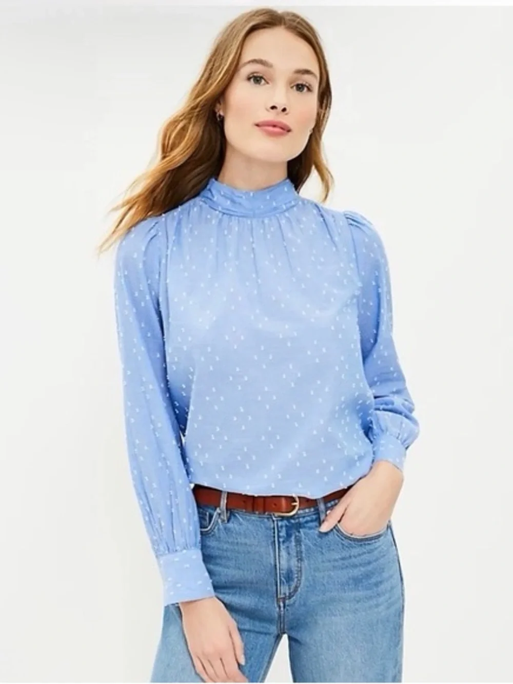 LOFT Clip Dot Mock Neck Long Sleeve Blouse Ballad Blue Size M